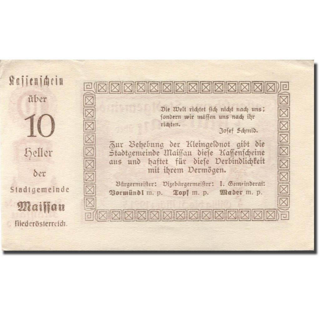 Banconote, Austria, Maissau, 10 Heller, village 1921-03-31, SPL Mehl:FS 573
