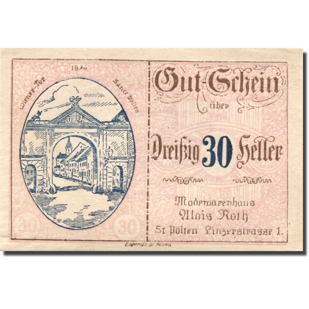 Banconote, Austria, St Pölten, 30 Heller, Monument, 1920 SPL Mehl:FS 933II
