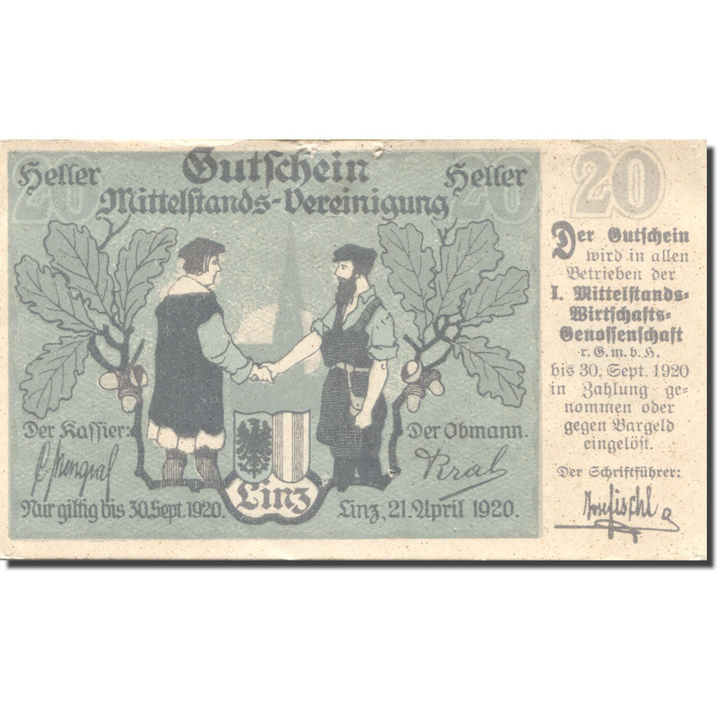 Billet, Autriche, Linz, 20 Heller, personnage 1920-09-30, TTB, Mehl:FS 550a