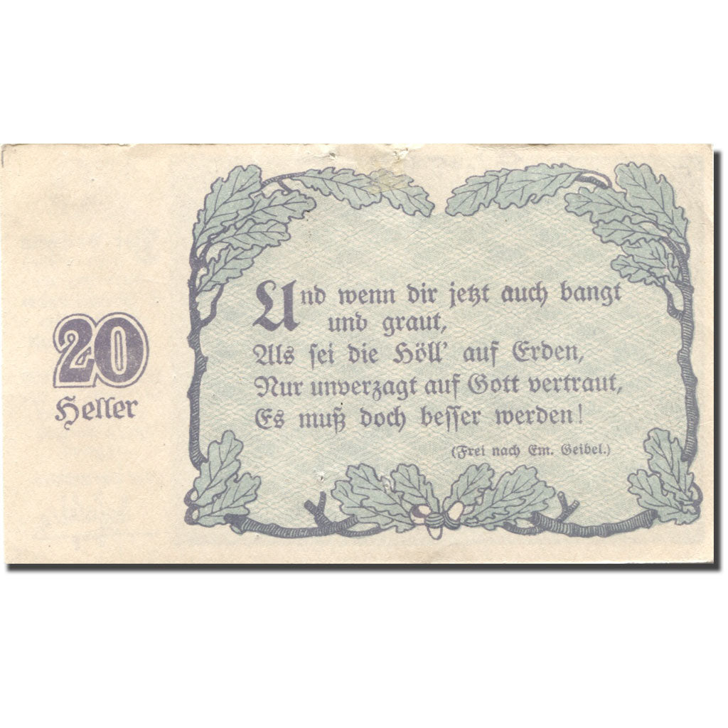 Billet, Autriche, Linz, 20 Heller, personnage 1920-09-30, TTB, Mehl:FS 550a