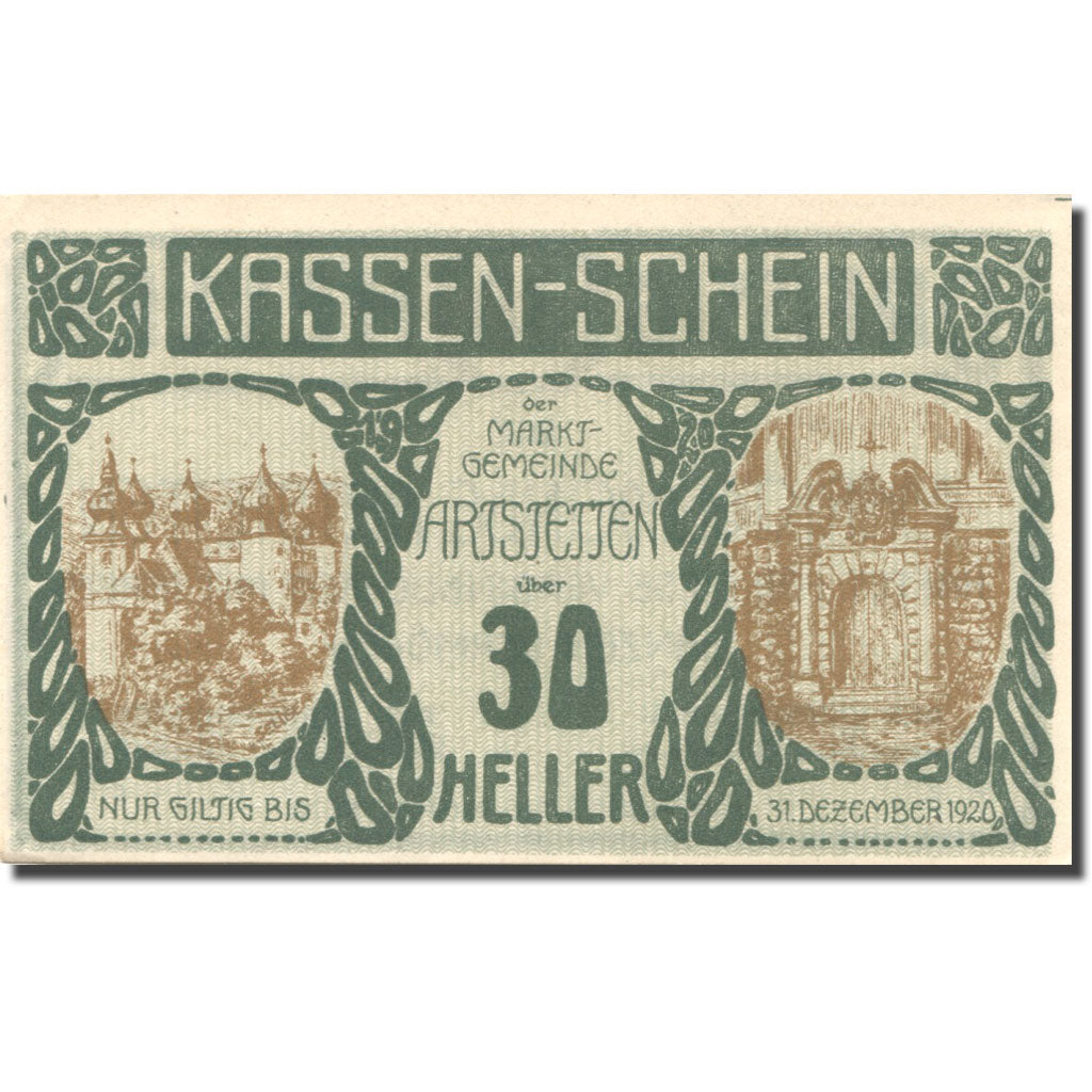 Banconote, Austria, Artstetten, 30 Heller, château 1, 1920 SPL green Mehl:FS 52a