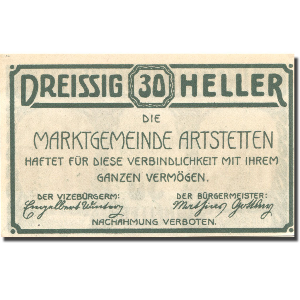 Banconote, Austria, Artstetten, 30 Heller, château 1, 1920 SPL green Mehl:FS 52a