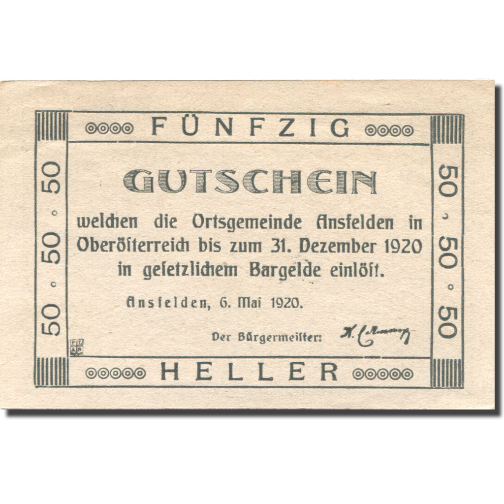Geldschein, Österreich, Ansfelden, 50 Heller, personnage, 1920 UNZ Mehl:FS 45Ia