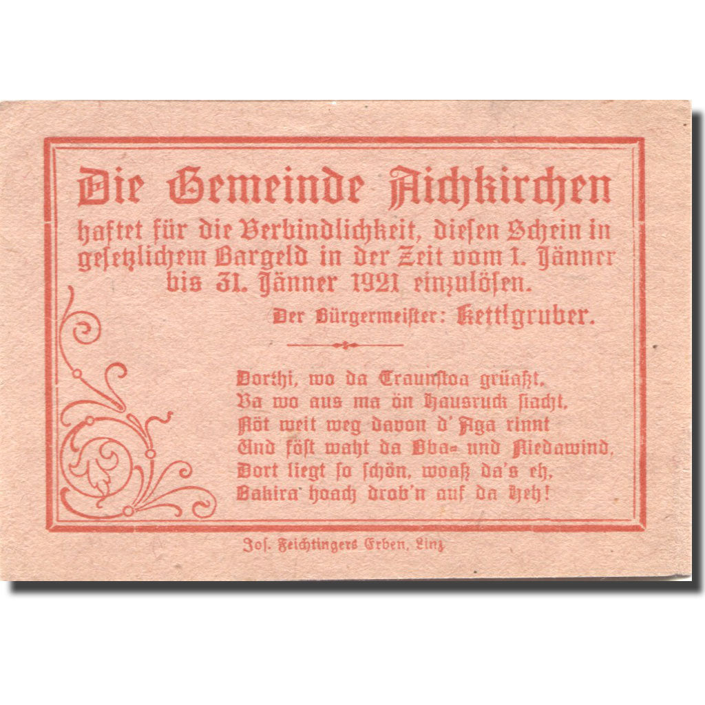 Banconote, Austria, Aichkirchen, 10 Heller, Eglise, 1921 SPL Mehl:FS 11