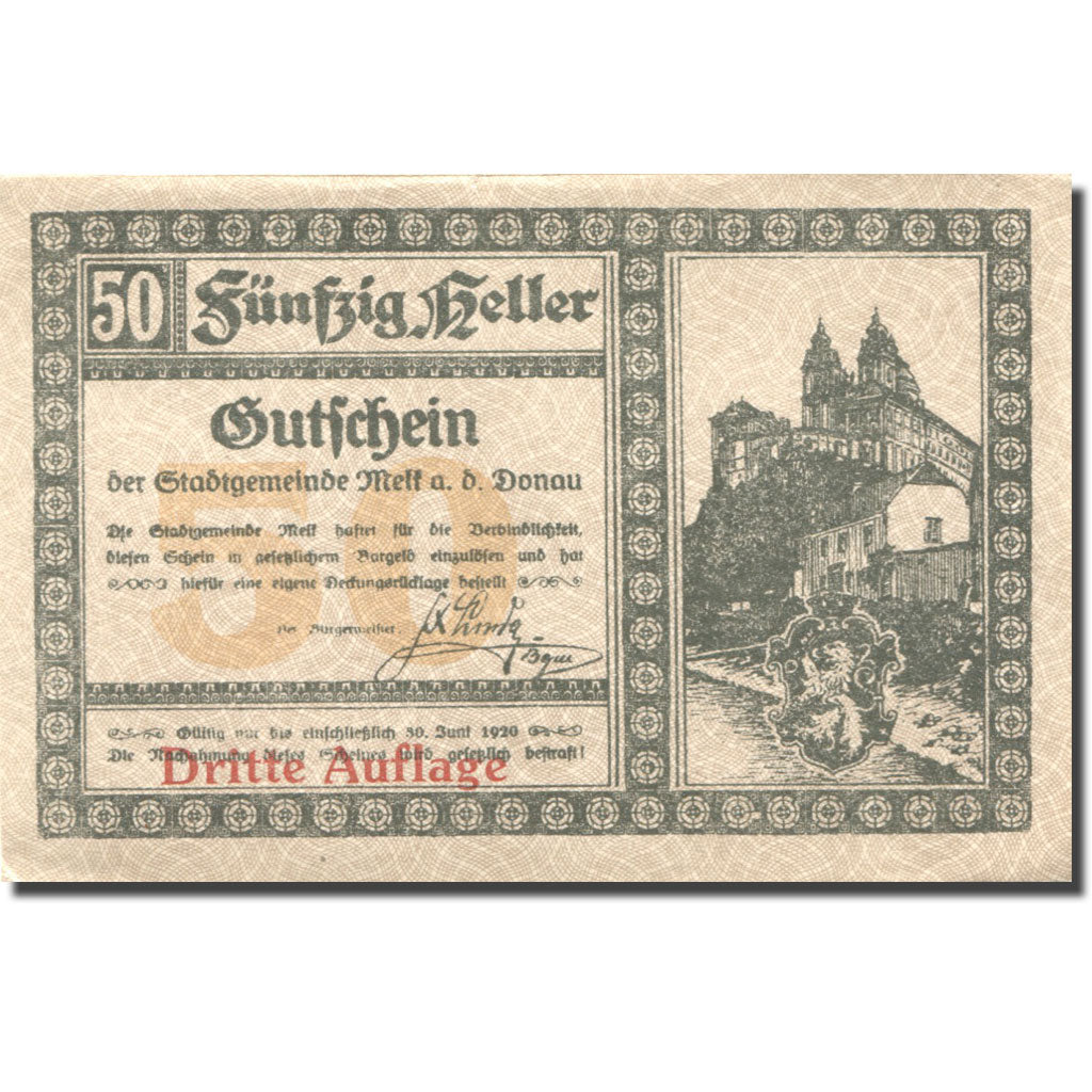 Geldschein, Österreich, Melk, 50 Heller, château, 1920 UNZ- Mehl:FS 605If