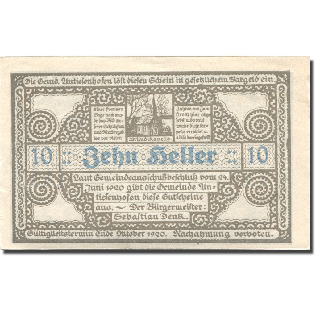 Billet, Autriche, Antiesenhofen, 10 Heller, Eglise, 1920 SPL Mehl:FS 47Ba
