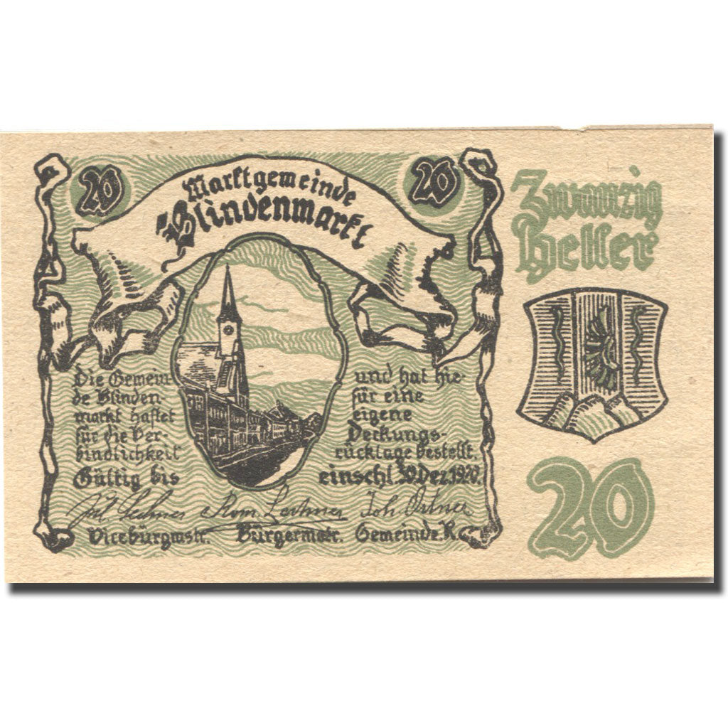 Banconote, Austria, Blindenmarkt, 20 Heller, Eglise, 1920 SPL Mehl:FS 93IIa