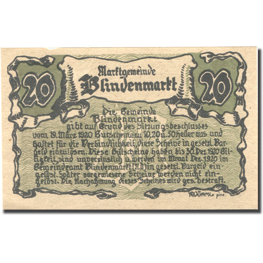 Banconote, Austria, Blindenmarkt, 20 Heller, Eglise, 1920 SPL Mehl:FS 93IIa