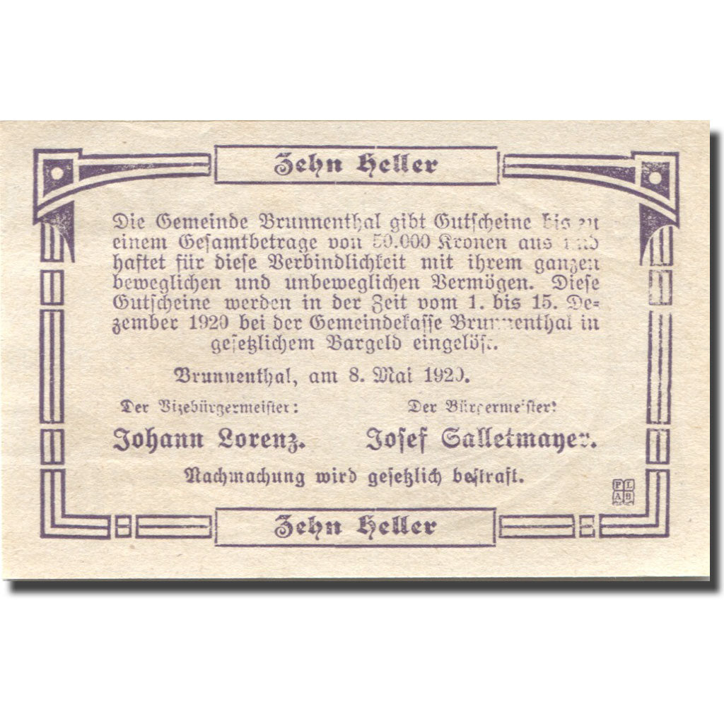 Banconote, Austria, Brunnenthal, 10 Heller, gare1920-12-15, SPL, Mehl:FS 111a