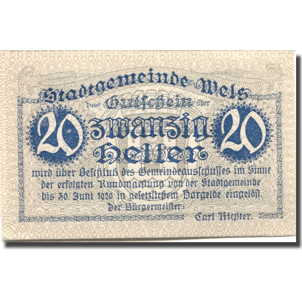 Banknot, Austria, Wels, 20 Heller, château, 1920, 1920-06-30, UNC(63), Mehl:FS
