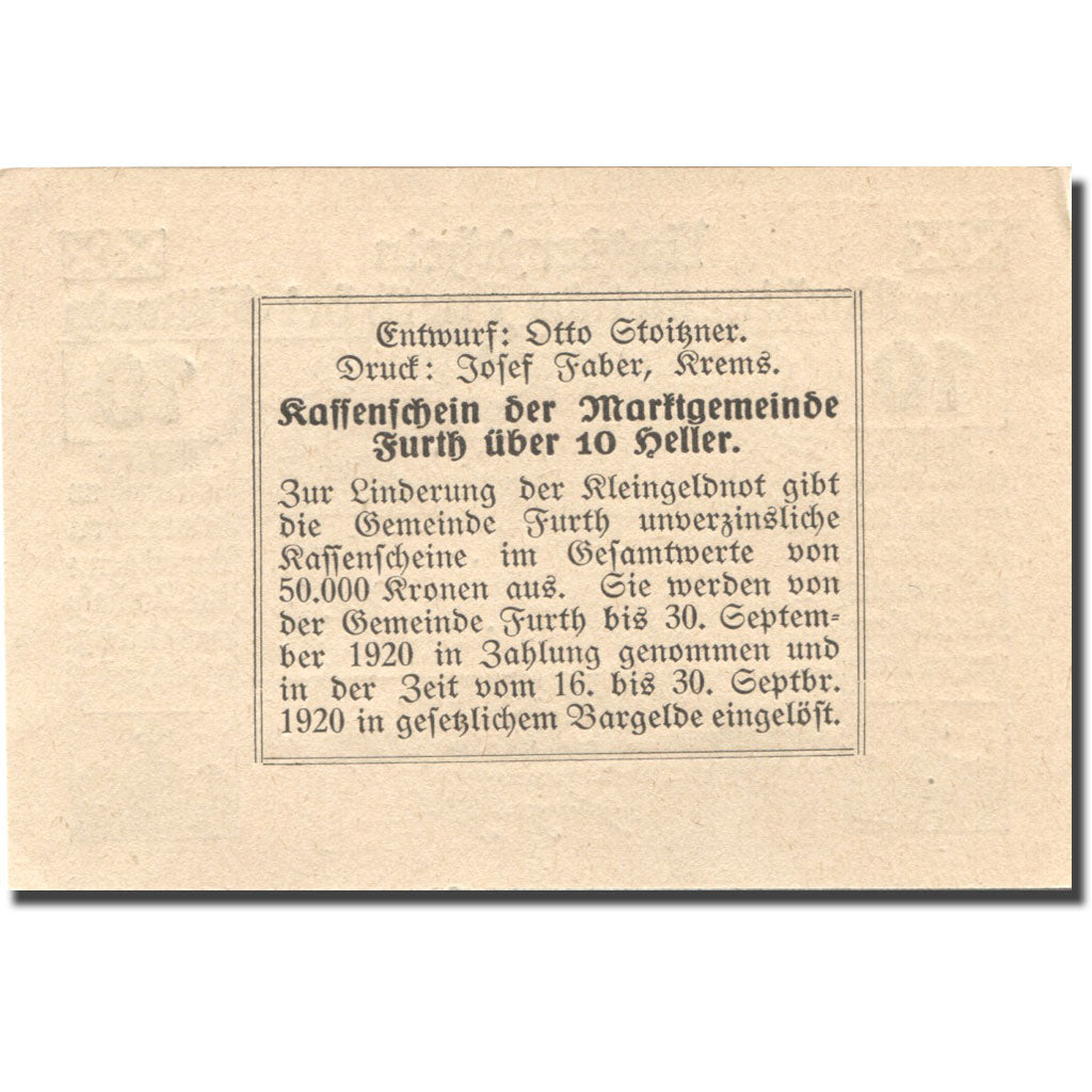 Banconote, Austria, Furth, 10 Heller, paysage 1920-05-20, SPL, Mehl:FS 214aB