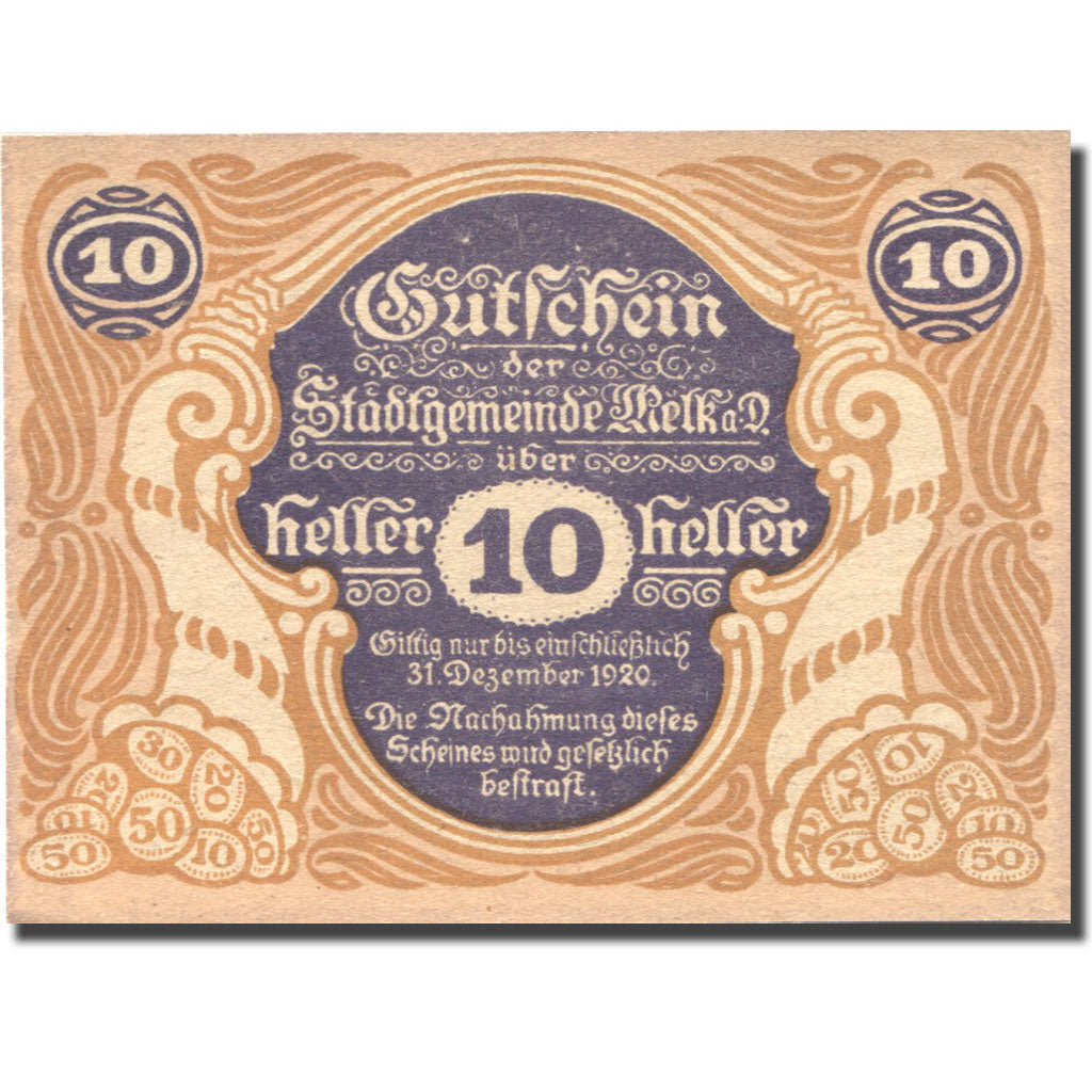 Banconote, Austria, Melk, 10 Heller, château 1920-12-31, SPL Mehl:FS 605II