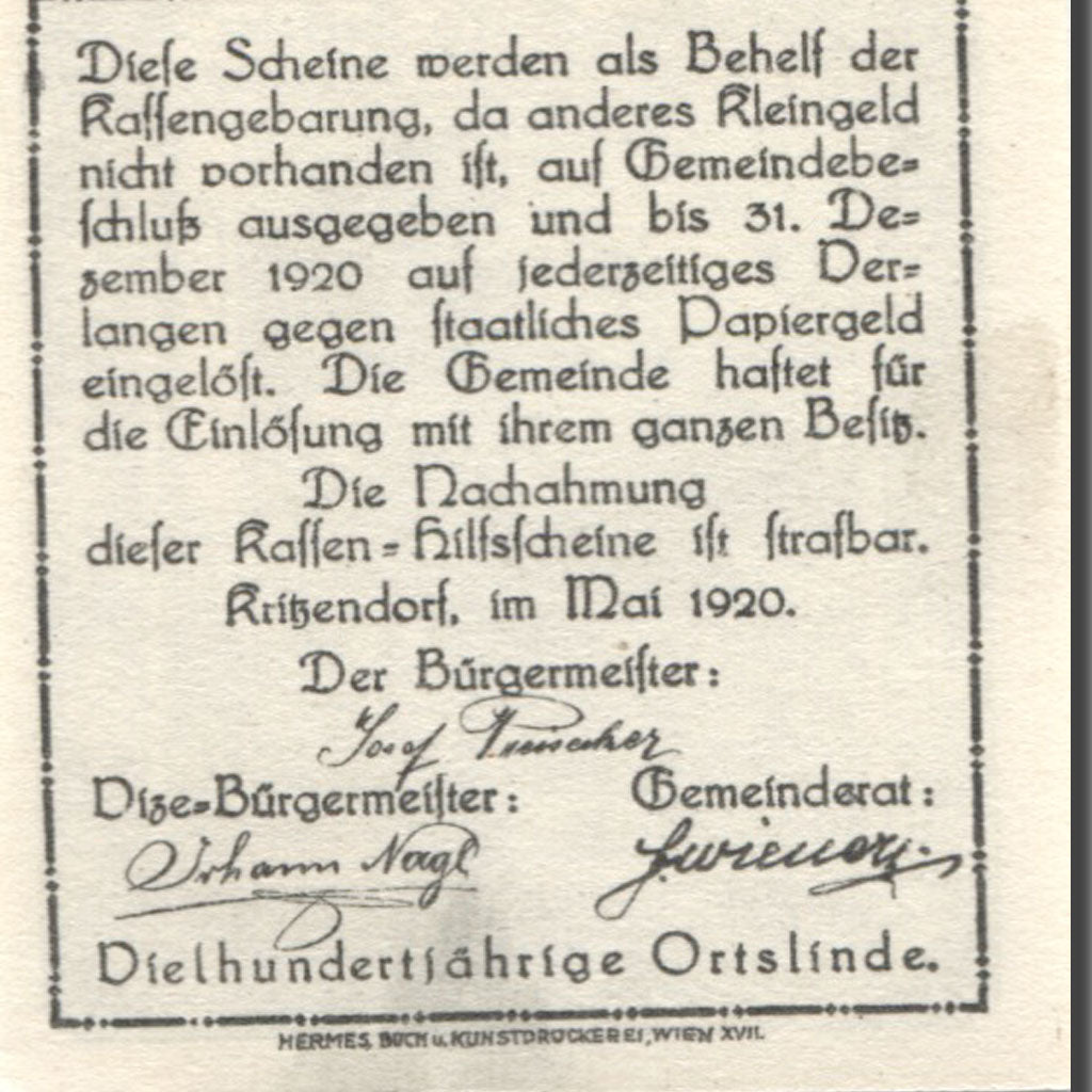 Banconote, Austria, Kritzendorf, 10 Heller, rue 1920-12-31, SPL, Mehl:FS 484a