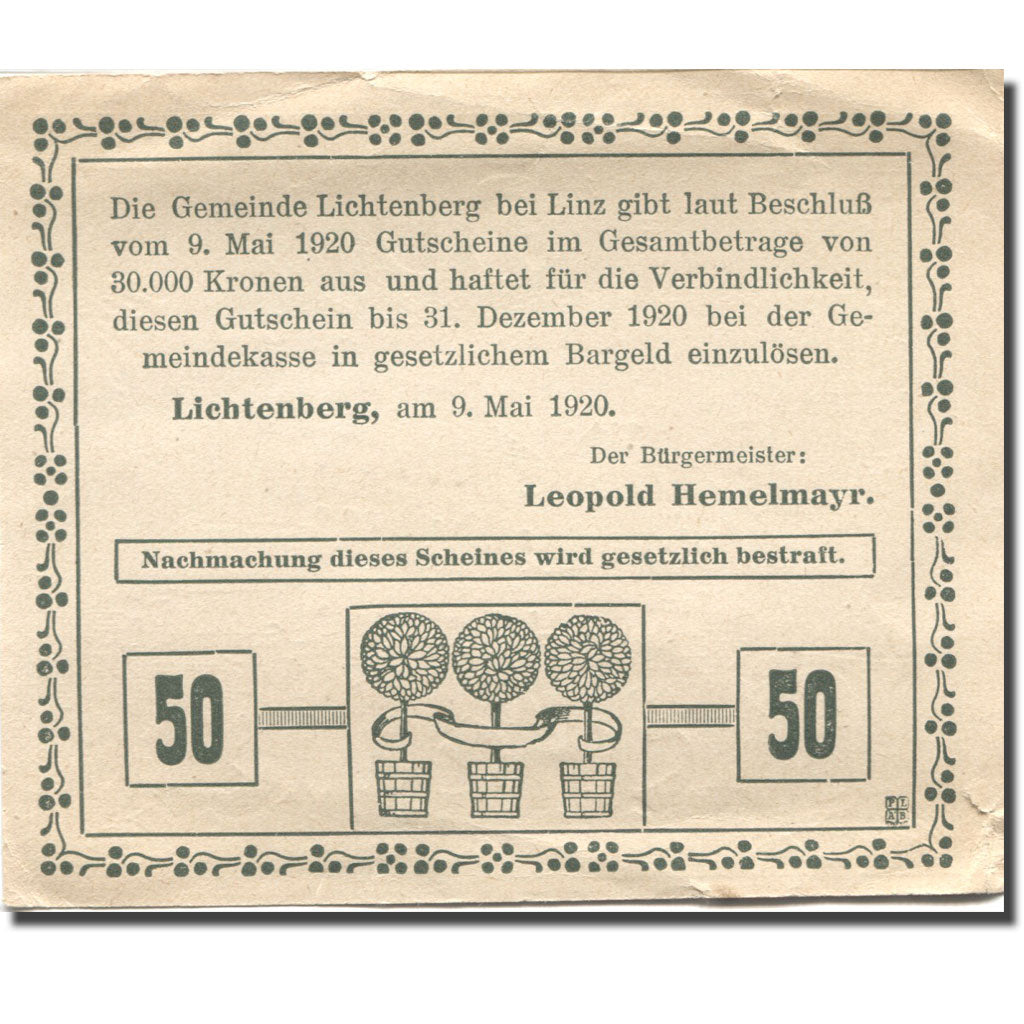 Billet, Autriche, Lichtenberg, 50 Heller, ferme 1920-12-31, SUP, Mehl:FS 518a