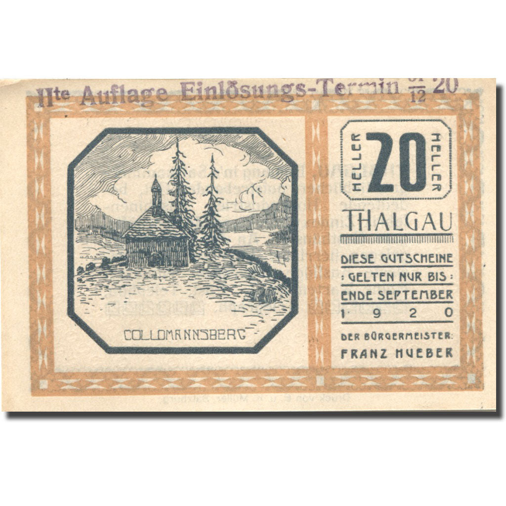 Geldschein, Österreich, Thalgau, 20 Heller, Eglise, UNZ-, Mehl:FS 1065a