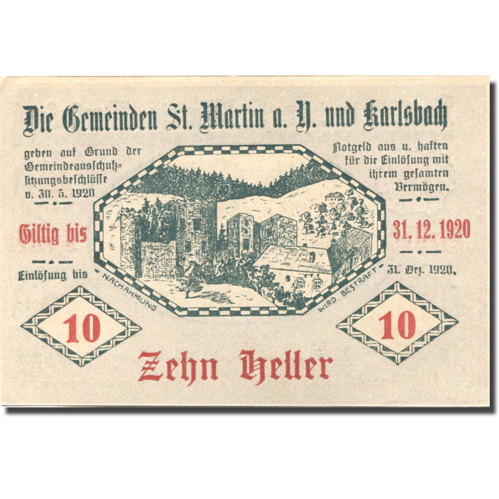 Banconote, Austria, St Martin, 10 Heller, village, 1920 SPL Mehl:FS 913a
