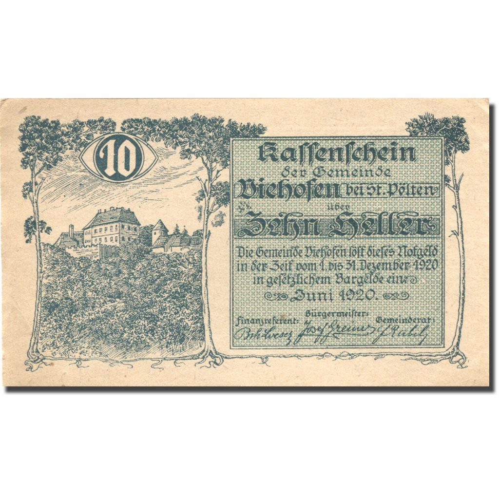 Banconote, Austria, St Pölten, 10 Heller, château, 1920, SPL- Mehl:FS 1112