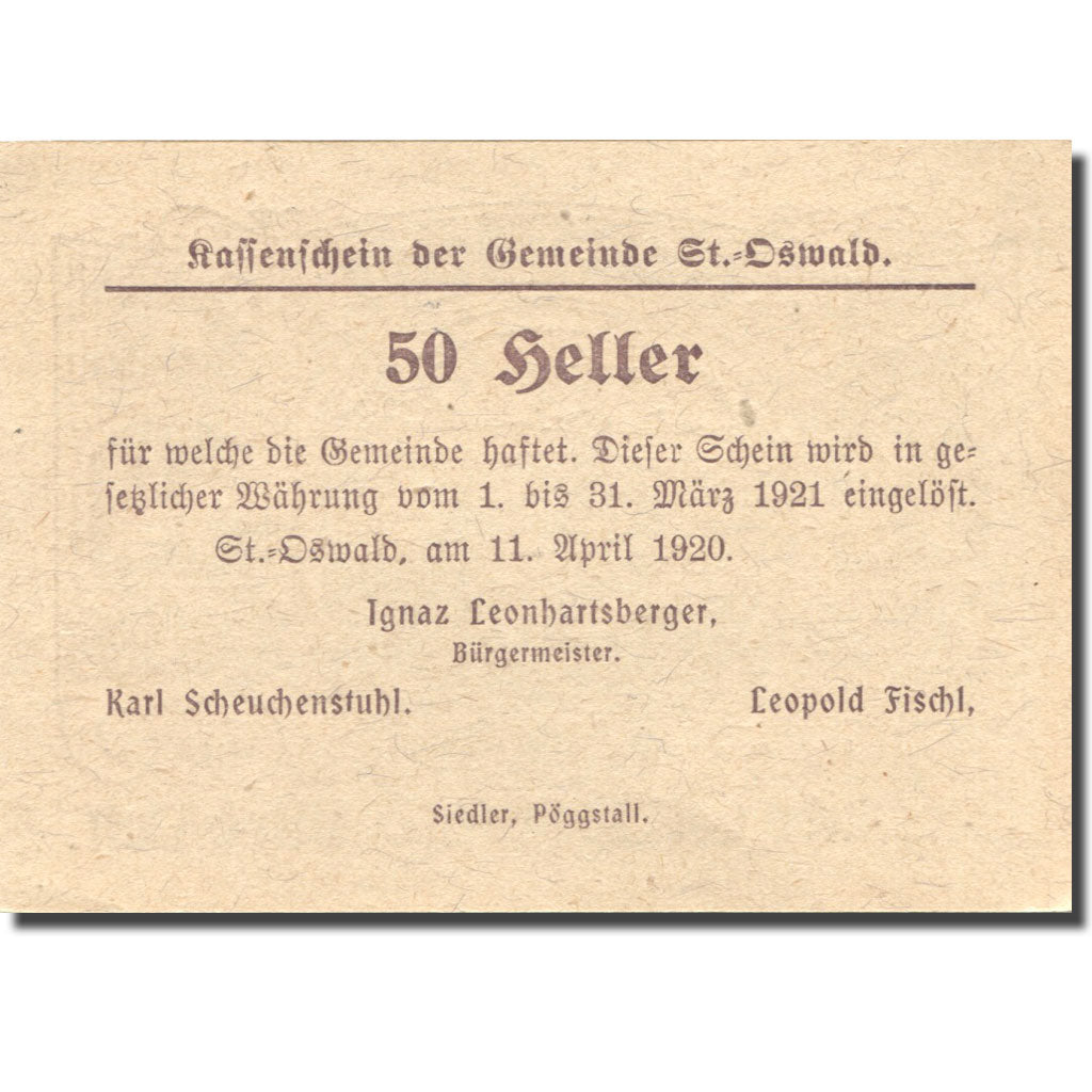 Billete, Austria, St Oswald, 50 Heller, village 1921-03-31, SC Mehl:FS 915b