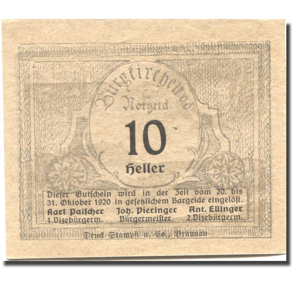 Banconote, Austria, Burgkirchen, 10 Heller, château, 1920 SPL Mehl:FS 115b