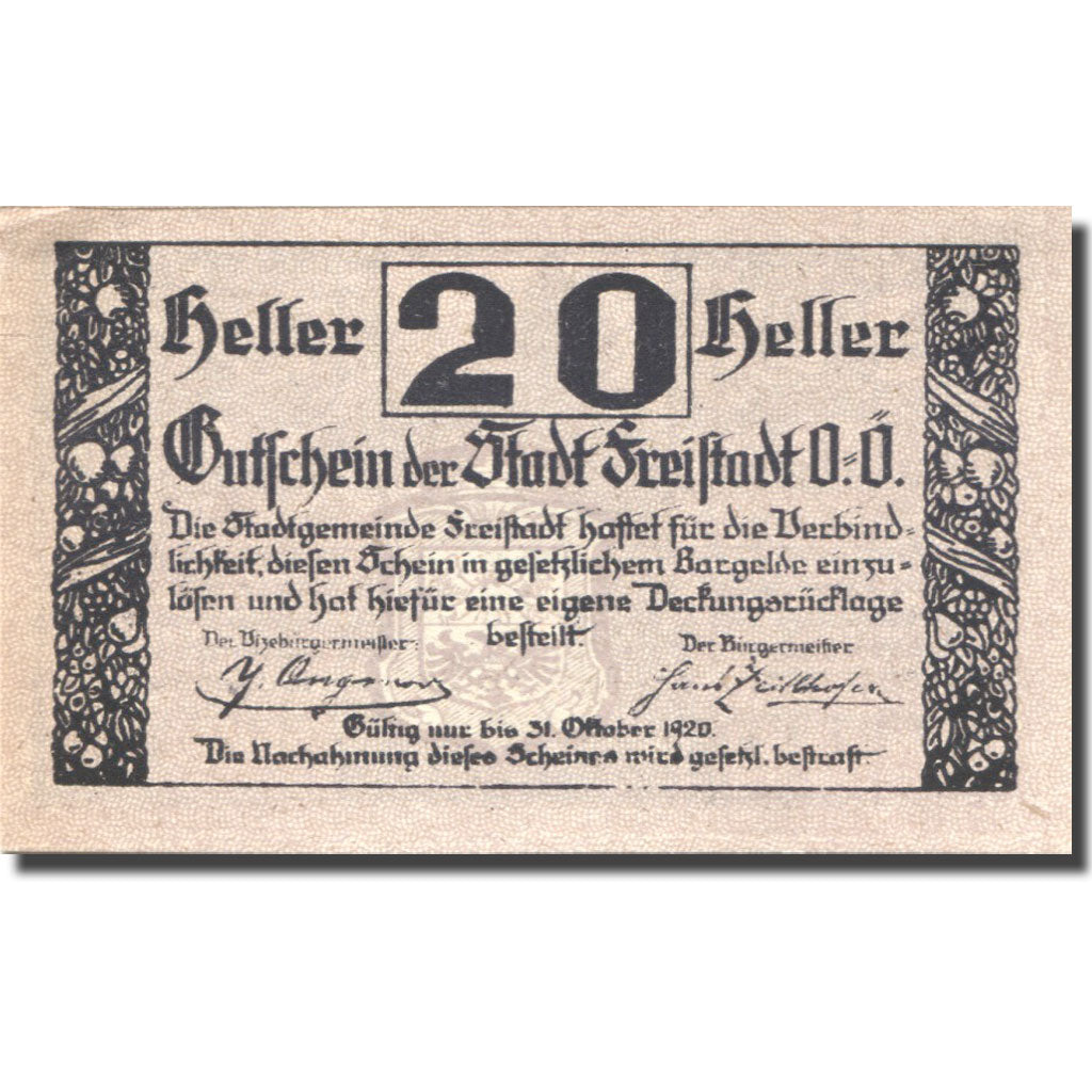 Geldschein, Österreich, Freistadt, 20 Heller, château, 1920 UNZ- Mehl:FS 212a