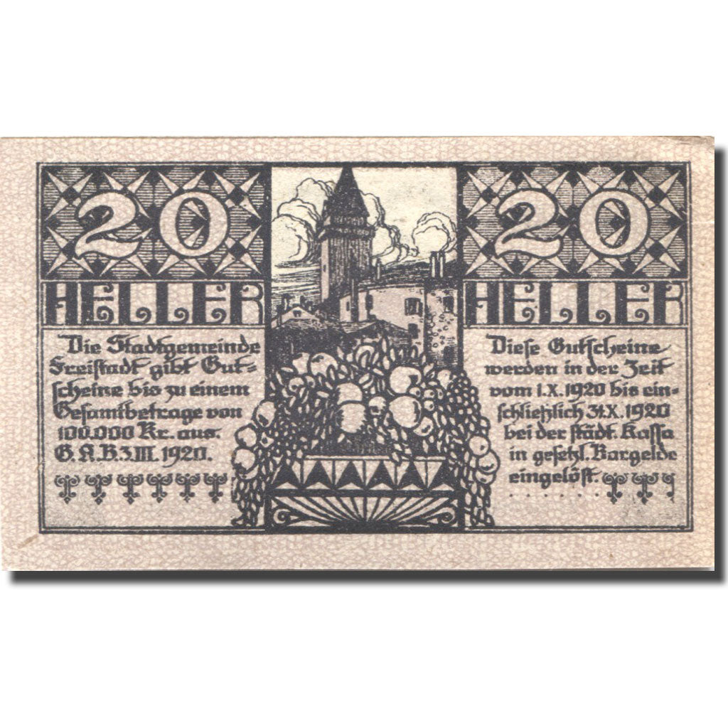Geldschein, Österreich, Freistadt, 20 Heller, château, 1920 UNZ- Mehl:FS 212a