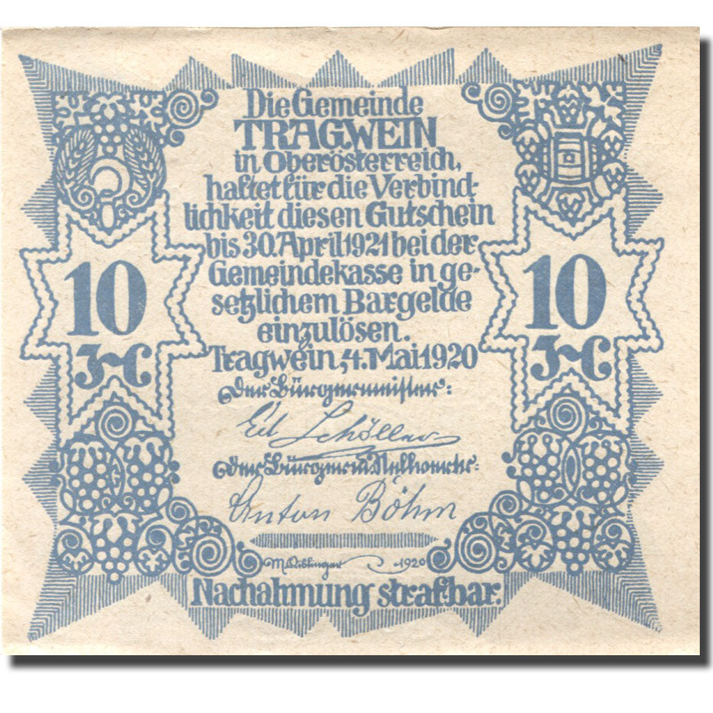 Banconote, Austria, Tragwein, 10 Heller, Eglise 1921-04-30, SPL Mehl:FS 1075Ia
