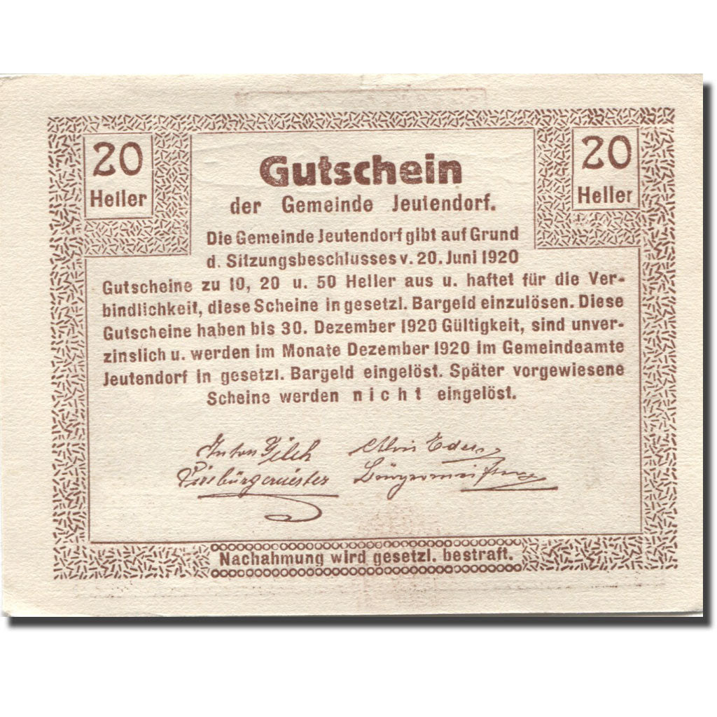 Banconote, Austria, Jeutendorf, 20 Heller, manoir, 1920 SPL Mehl:FS 418a