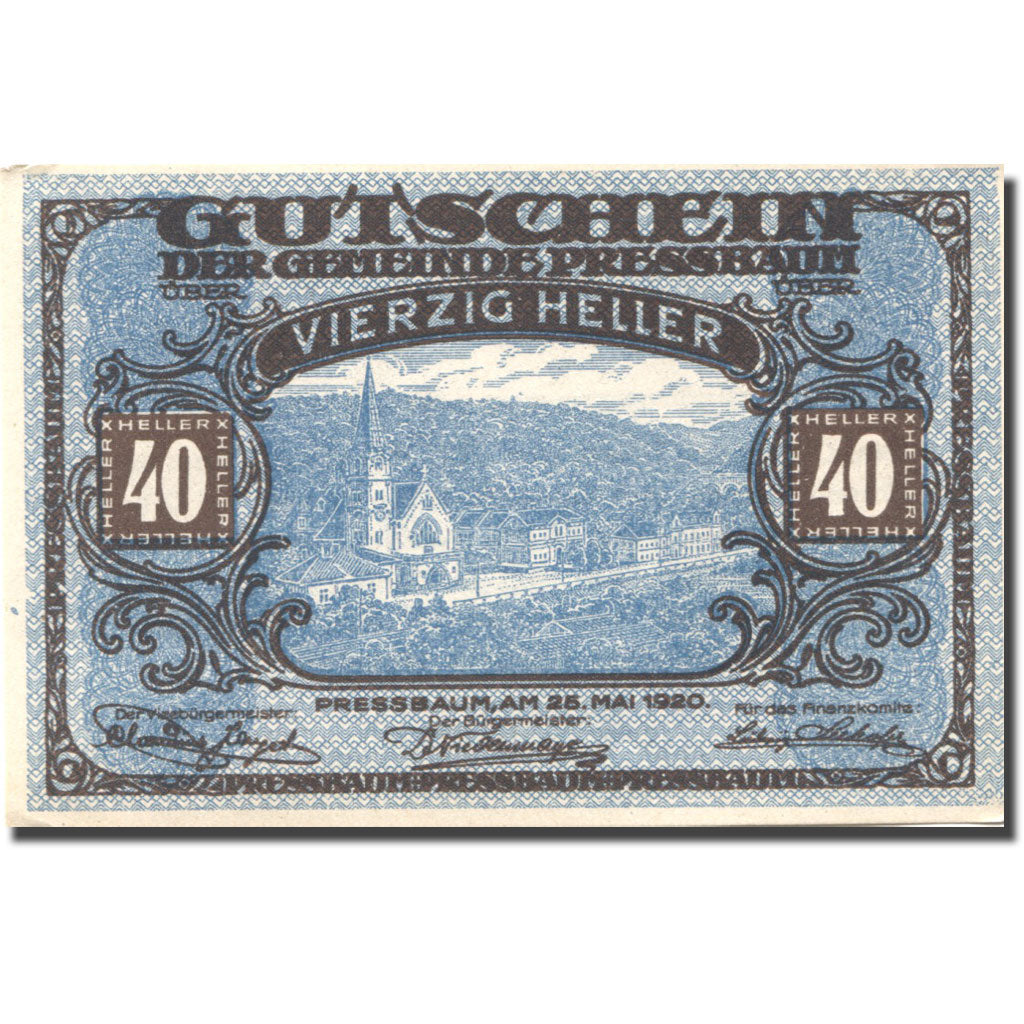 Banknot, Austria, Pressbaum, 40 Heller, Eglise, 1920, 1920-07-31, UNC(63)