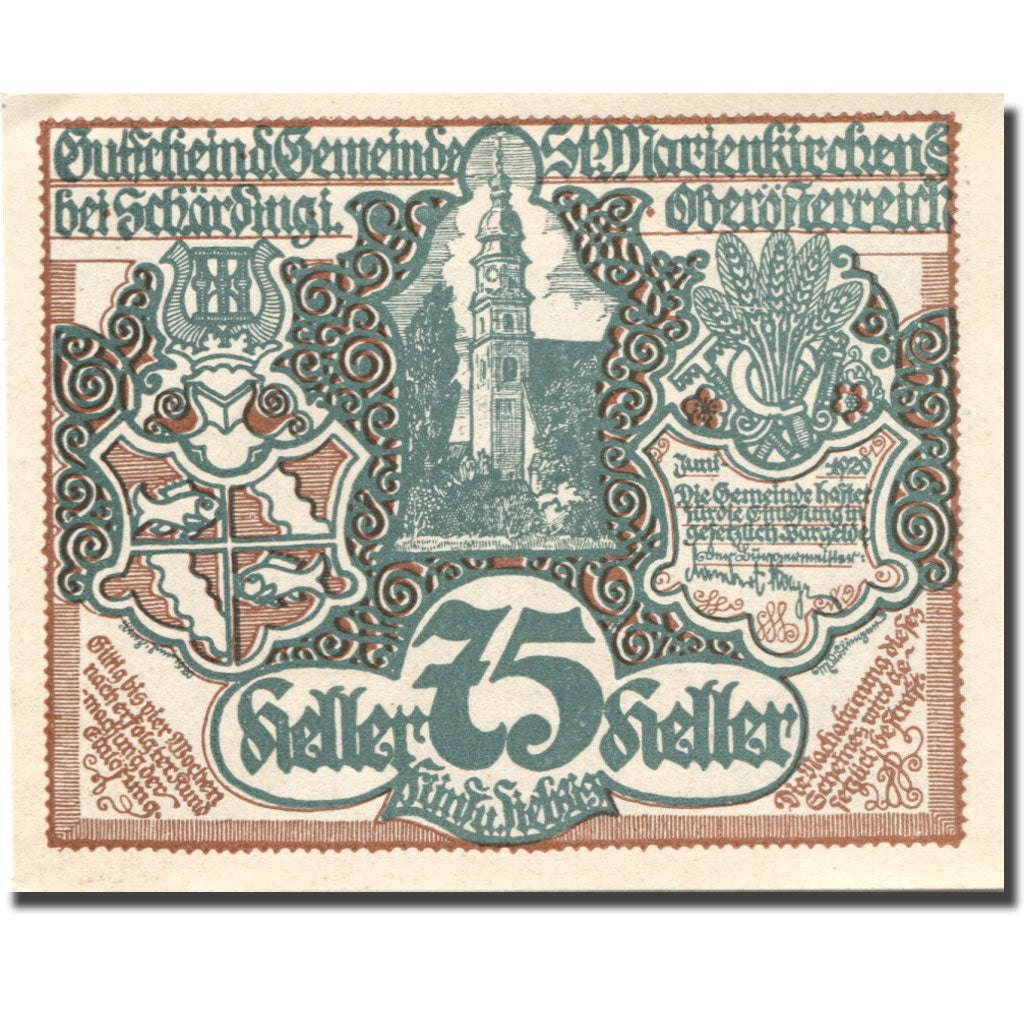 Banconote, Austria, Marienkirchen, 75 Heller, Eglise, 1920, SPL, Mehl:FS 910