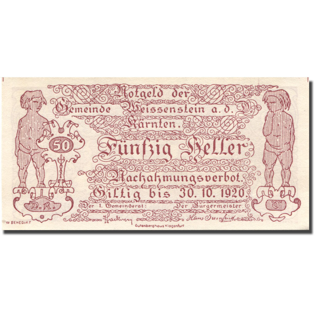 Geldschein, Österreich, Weissenstein, 50 Heller, Blason, 1920 UNZ Mehl:FS 1159a