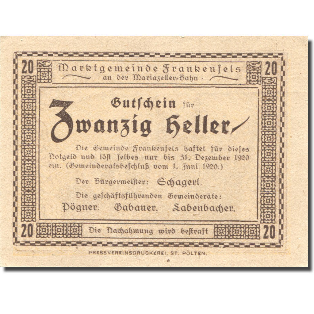 Geldschein, Österreich, Frankenfels, 20 Heller, ruine, 1920 UNZ- Mehl:FS 208a