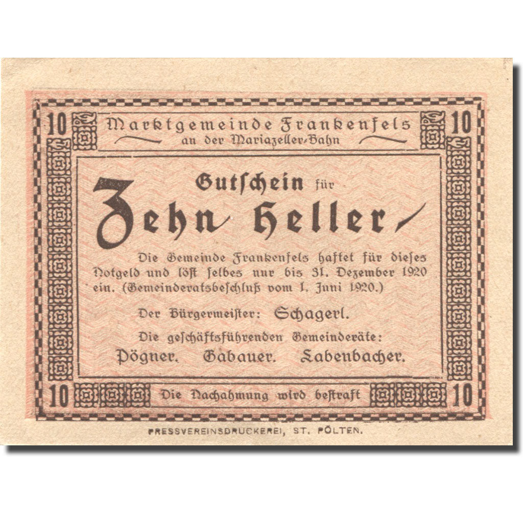 Banconote, Austria, Frankenfels, 10 Heller, château, 1920 SPL Mehl:FS 208a