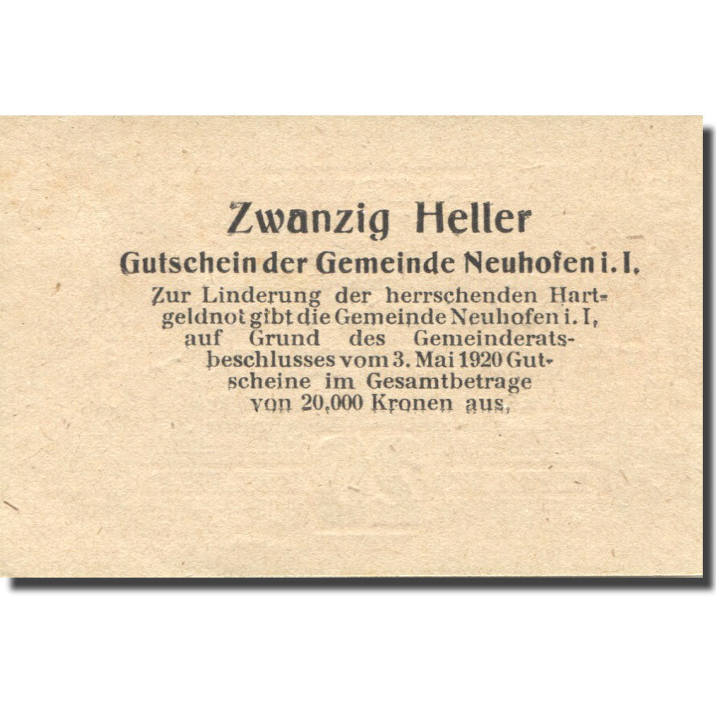 Geldschein, Österreich, Neuhofen, 20Heller valeur faciale 1920 UNZ Mehl:FS 652Ib