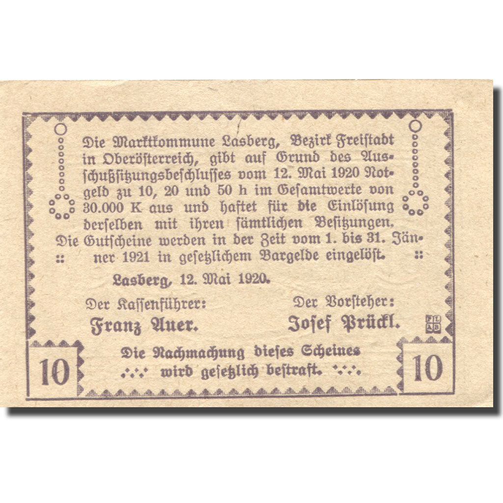 Banconote, Austria, Lasberg, 10 Heller, paysage, 1921-01-31, SPL, Mehl:FS 505a