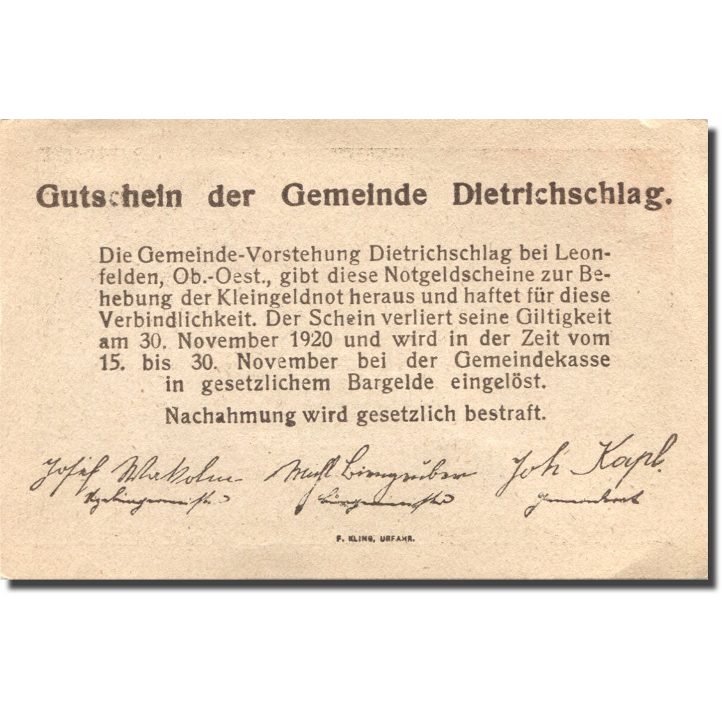 Banconote, Austria, Dietrichsschlag, 20 Heller, blé, 1920 SPL Mehl:FS 124a