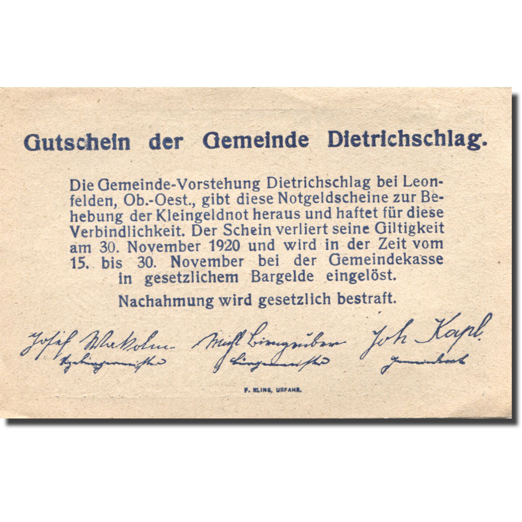 Banknot, Austria, Dietrichsschlag, 30 Heller, agriculteur, 1920, 1920-11-30