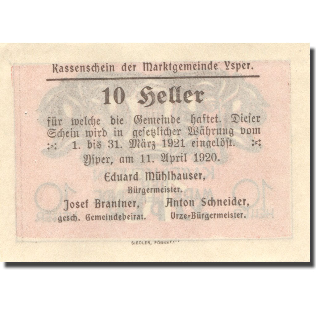 Banconote, Austria, Ysper, 10 Heller, château 1921-03-31, SPL Mehl:FS 1261b