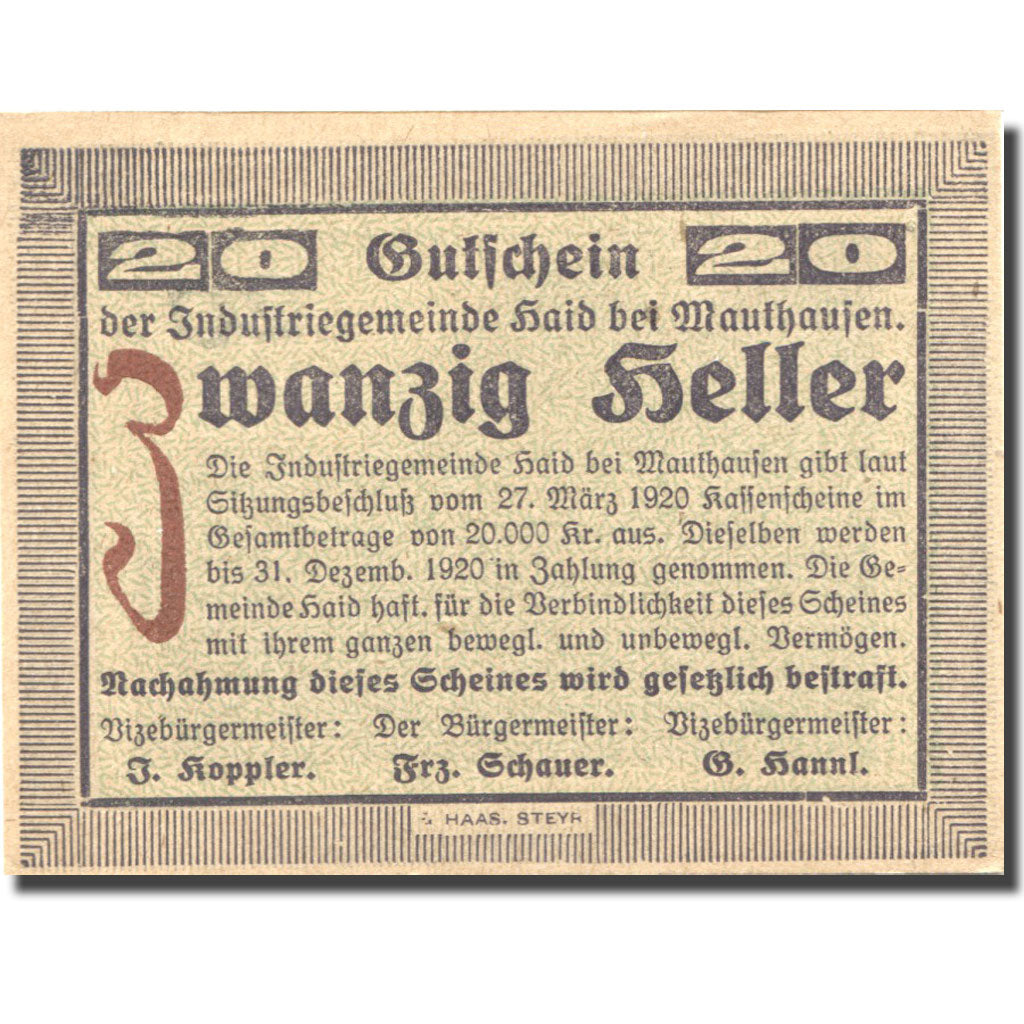 Geldschein, Österreich, Mauthausen, 20 Heller, village, 1920 UNZ- Mehl:FS 334Ib