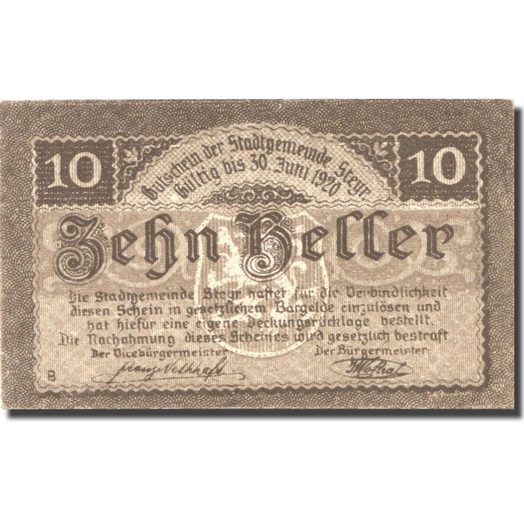 Banconote, Austria, Steyr, 10 Heller, Blason 1920-06-30, SPL Mehl:FS 1034Ia