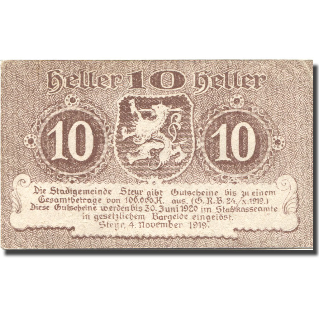 Banconote, Austria, Steyr, 10 Heller, Blason 1920-06-30, SPL Mehl:FS 1034Ia
