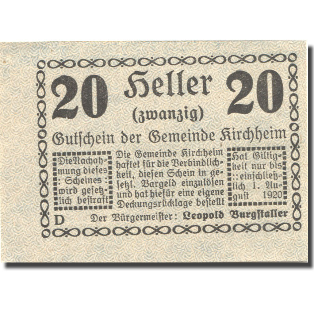 Banconote, Austria, Kirchheim, 20 Heller, valeur faciale 1920 SPL Mehl:FS 447IIa