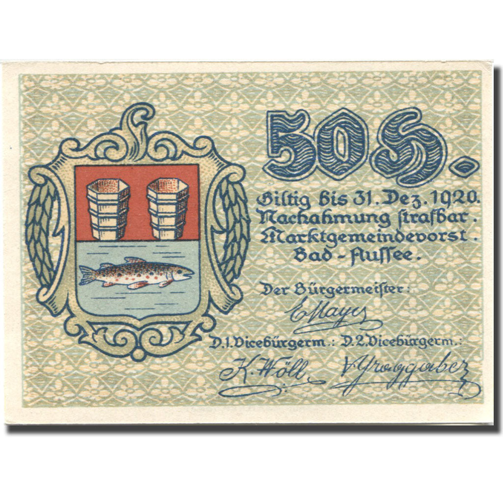 Banconote, Austria, Bad Auffee, 50 Heller, pêcheur, 1920 SPL Mehl:FS 73