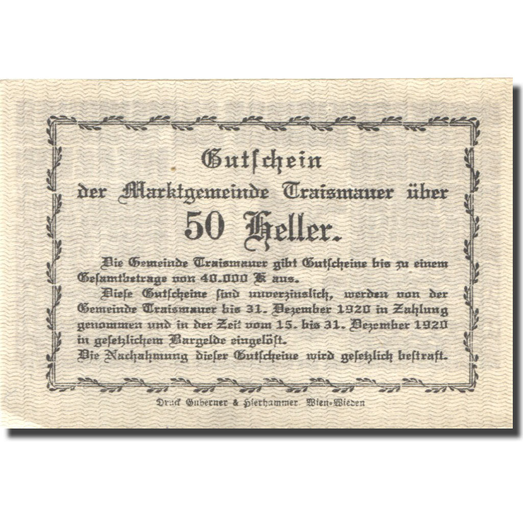 Banconote, Austria, Traismauer, 50 Heller, ferme 1920-04-13, SPL Mehl:FS 1078I