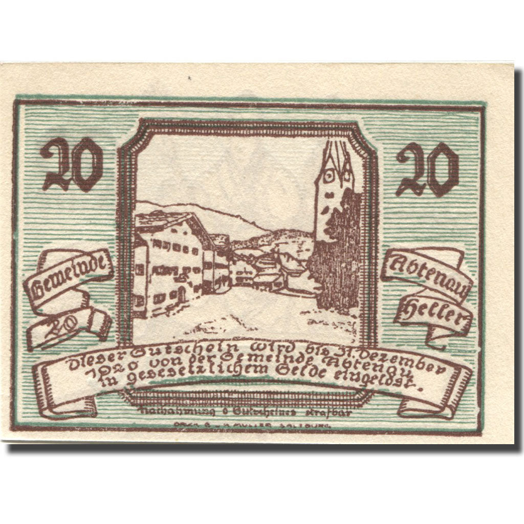 Banconote, Austria, Abtenau, 20 Heller, personnage, SPL, Mehl:FS 3a
