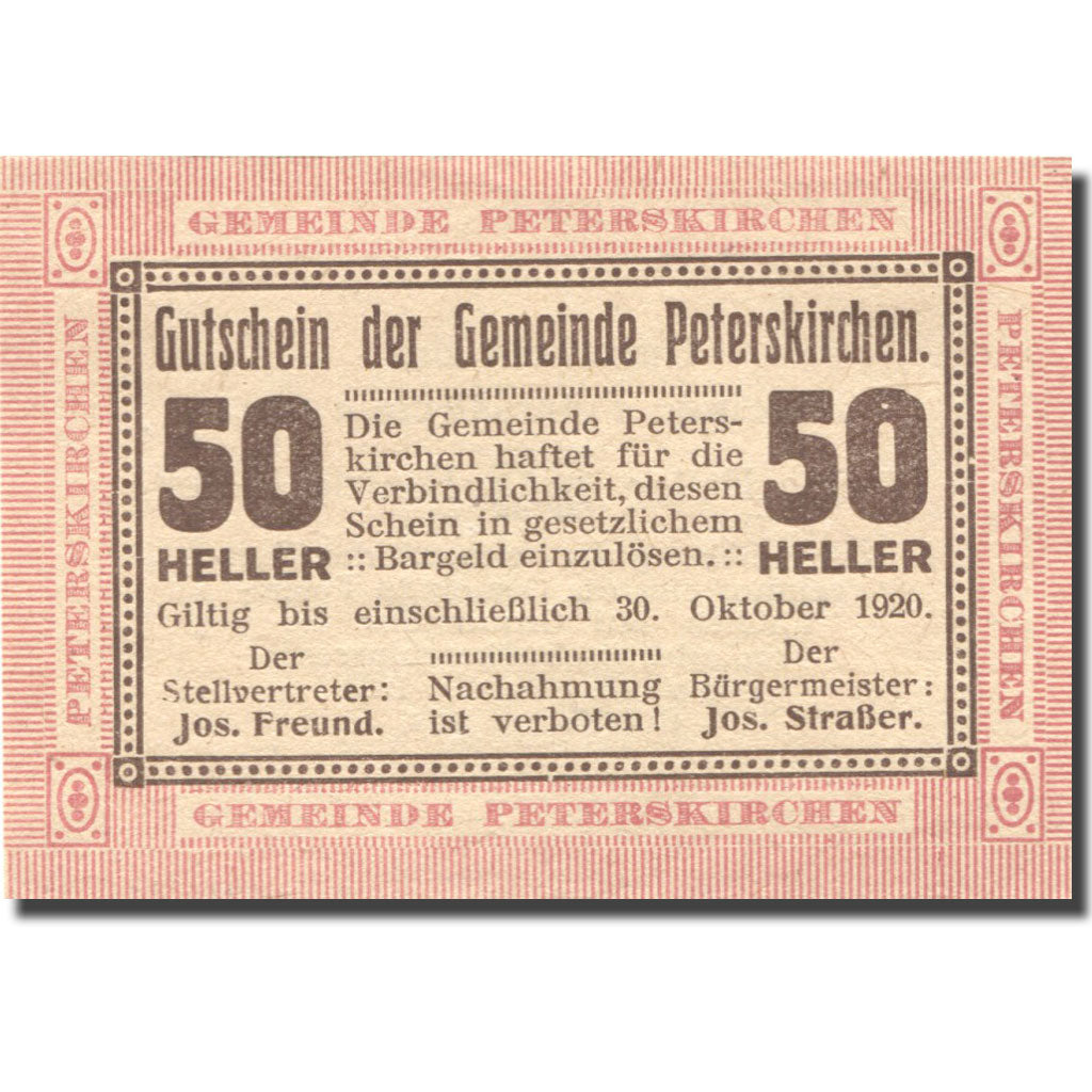 Banconote, Austria, Peterskirchen, 50 Heller, valeur faciale, 1920 Mehl:FS 736bB
