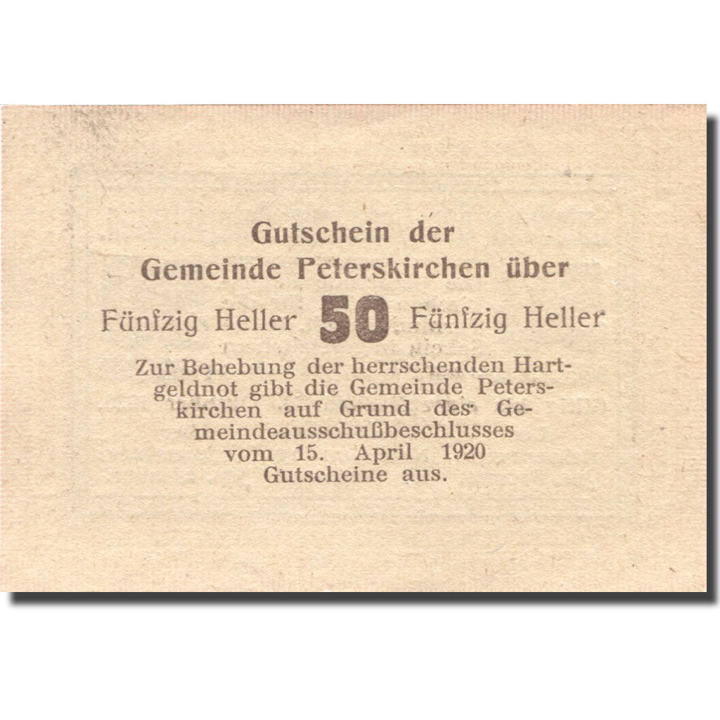 Banconote, Austria, Peterskirchen, 50 Heller, valeur faciale, 1920 Mehl:FS 736bB