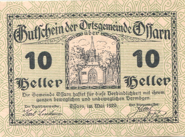 Banconote, Austria, Ossarn, 10 Heller, Eglise, 1920 SPL Mehl:FS 712a2.1