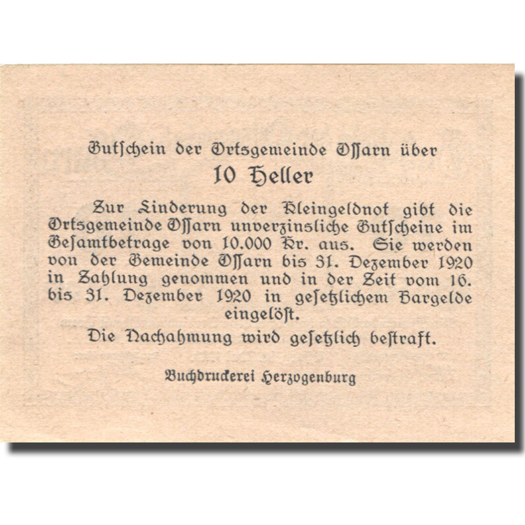 Banconote, Austria, Ossarn, 10 Heller, Eglise, 1920 SPL Mehl:FS 712a2.1
