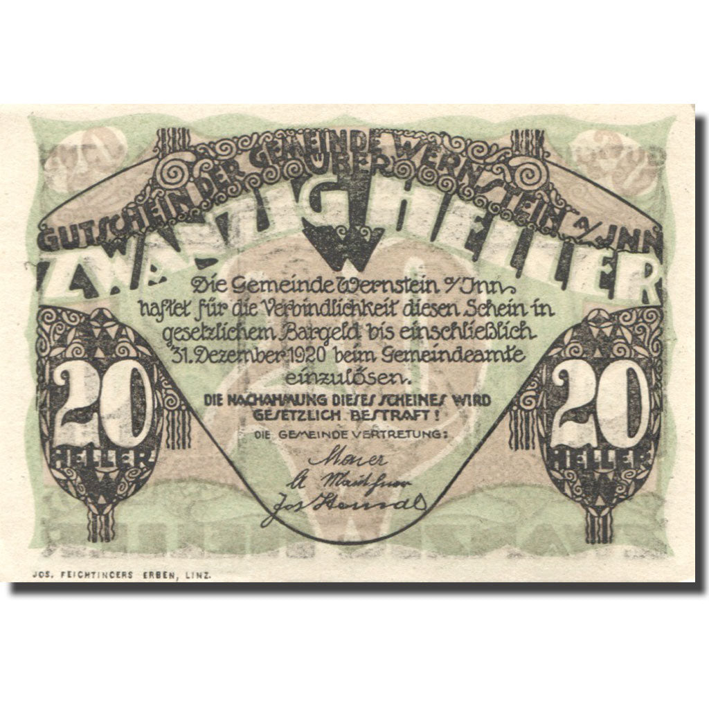 Banconote, Austria, Wernstein, 20 Heller, paysage, 1920, SPL Mehl:FS 1174a