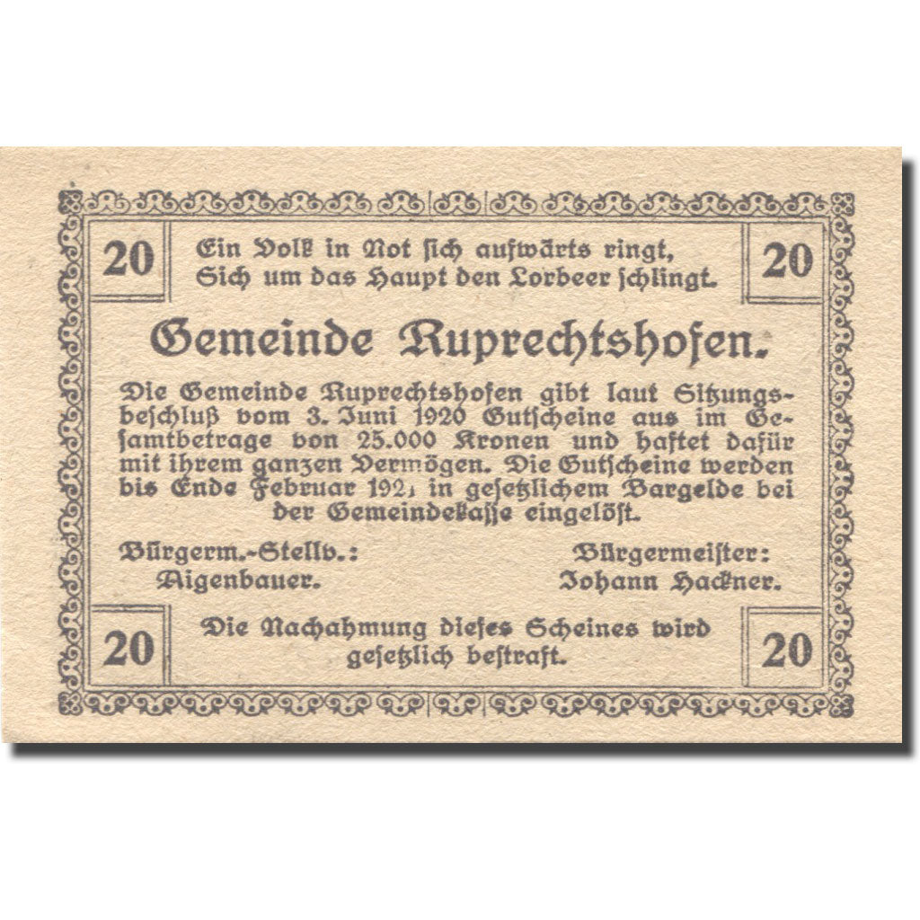 Banconote, Austria, Ruprechtshofen, 20 Heller, bateau, 1920 SPL Mehl:FS 901